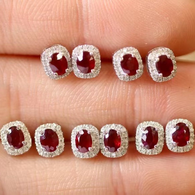 18k Natural Ruby Diamond Halo Stud Earrings