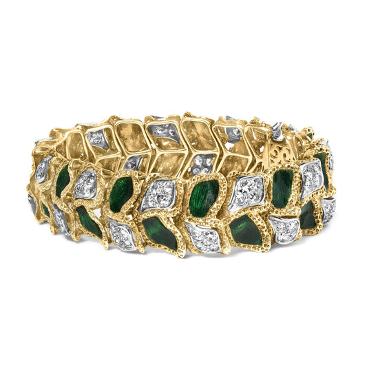 18K Diamond  Green Enamel Gold Textured Bracelets