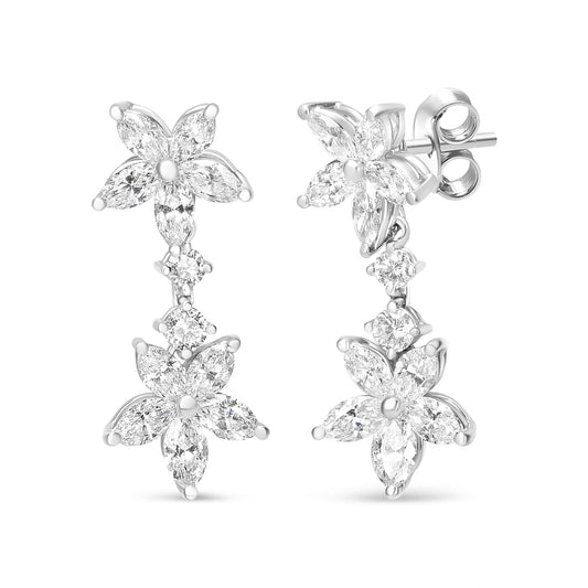 18k White Gold Marquise Diamond Floral Dangle Earrings