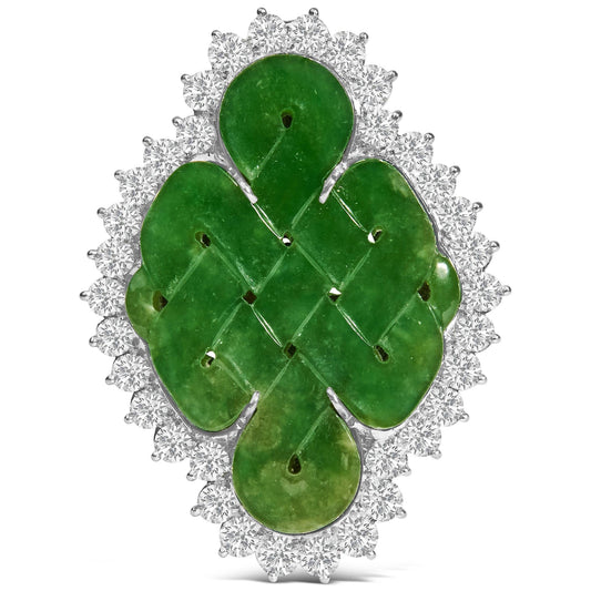 18K White Gold Diamond Halo Jade Shield Brooch Pin/Pendant