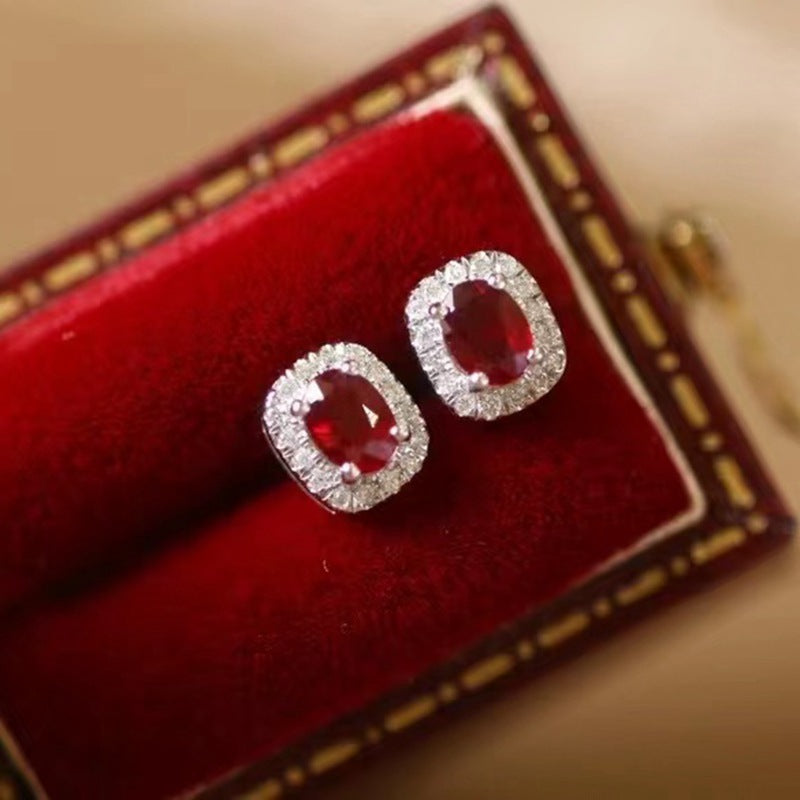 18k Natural Ruby Diamond Halo Stud Earrings