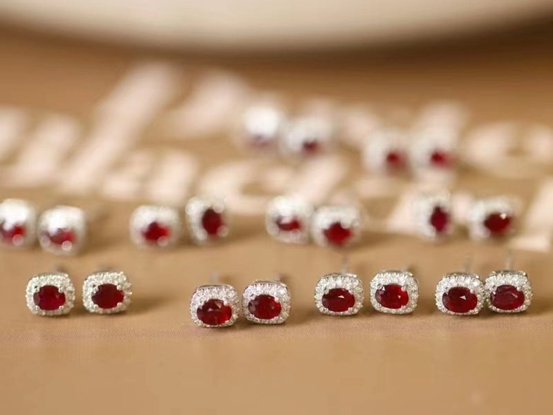 18k Natural Ruby Diamond Halo Stud Earrings