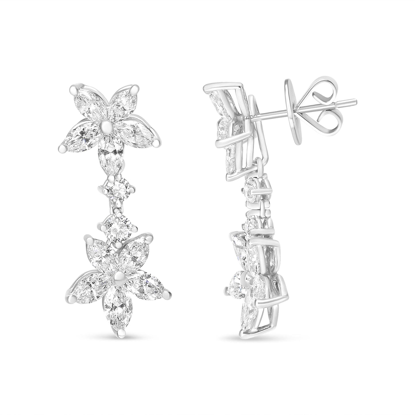18k White Gold Marquise Diamond Floral Dangle Earrings