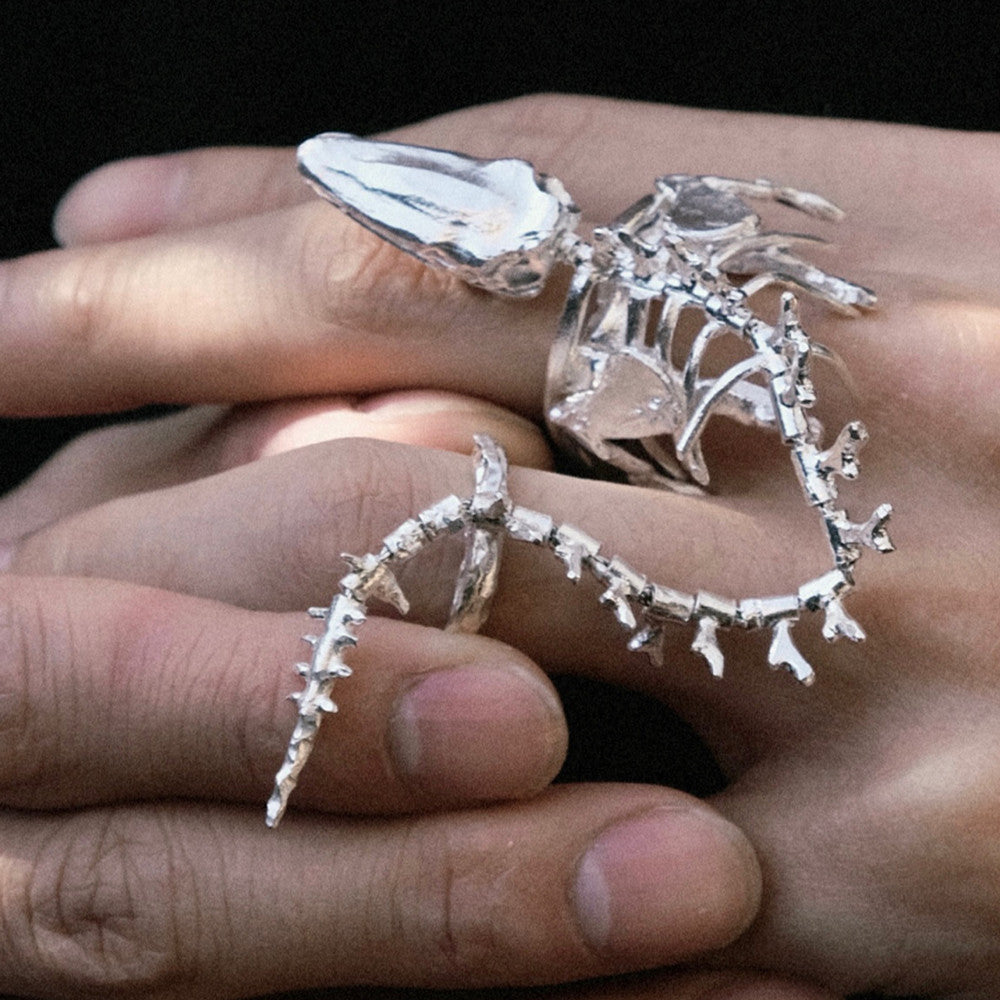 Women Wear White And Dark Bone Skeleton Ring
