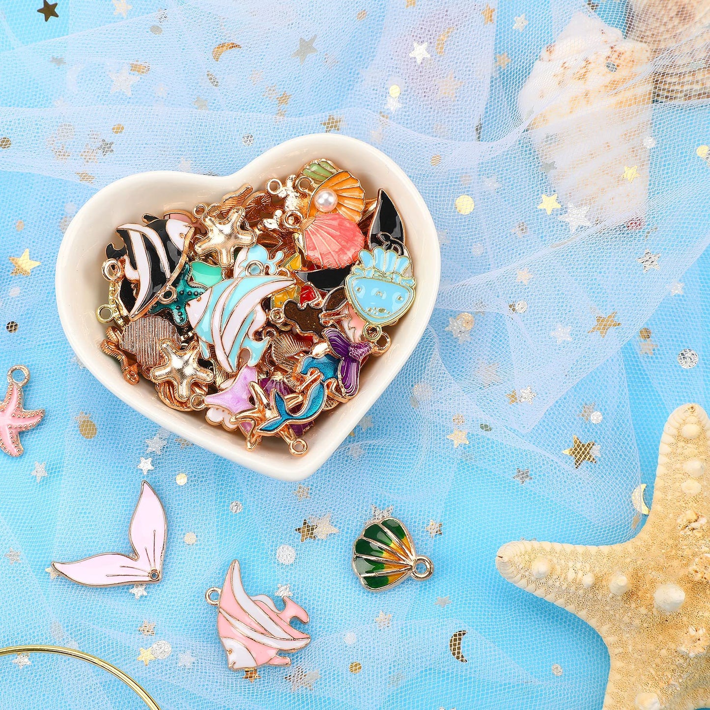 MARFOREVER 120 Pieces Of Ocean-themed Sea Jewelry For Jewelry Making, Gold Enamel Assorted Starfish And Shell Pendants Can Be Made Into Necklaces, Earrings, Bracelets,-Selling On Amazon Is Prohibited