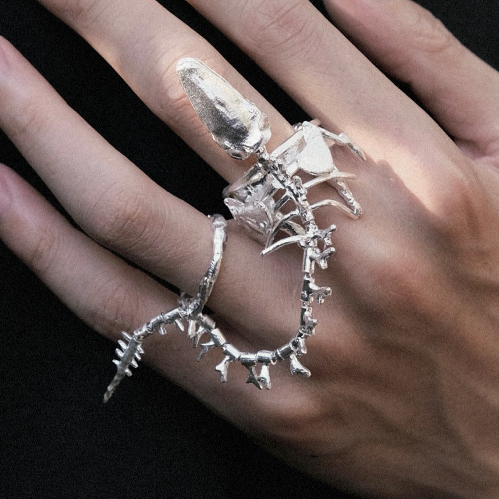 Women Wear White And Dark Bone Skeleton Ring
