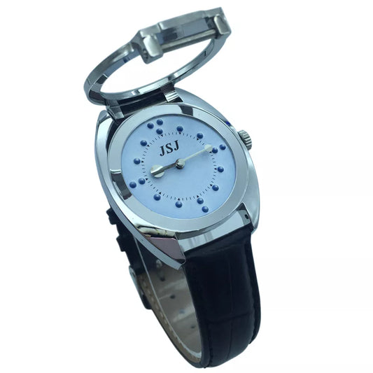 Braille Tactile Wrist Watch With Blue Face,Leather Strap