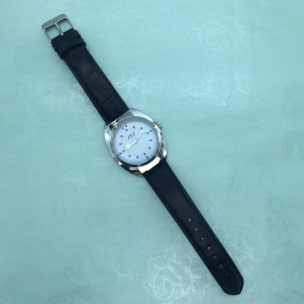 Braille Tactile Wrist Watch With Blue Face,Leather Strap