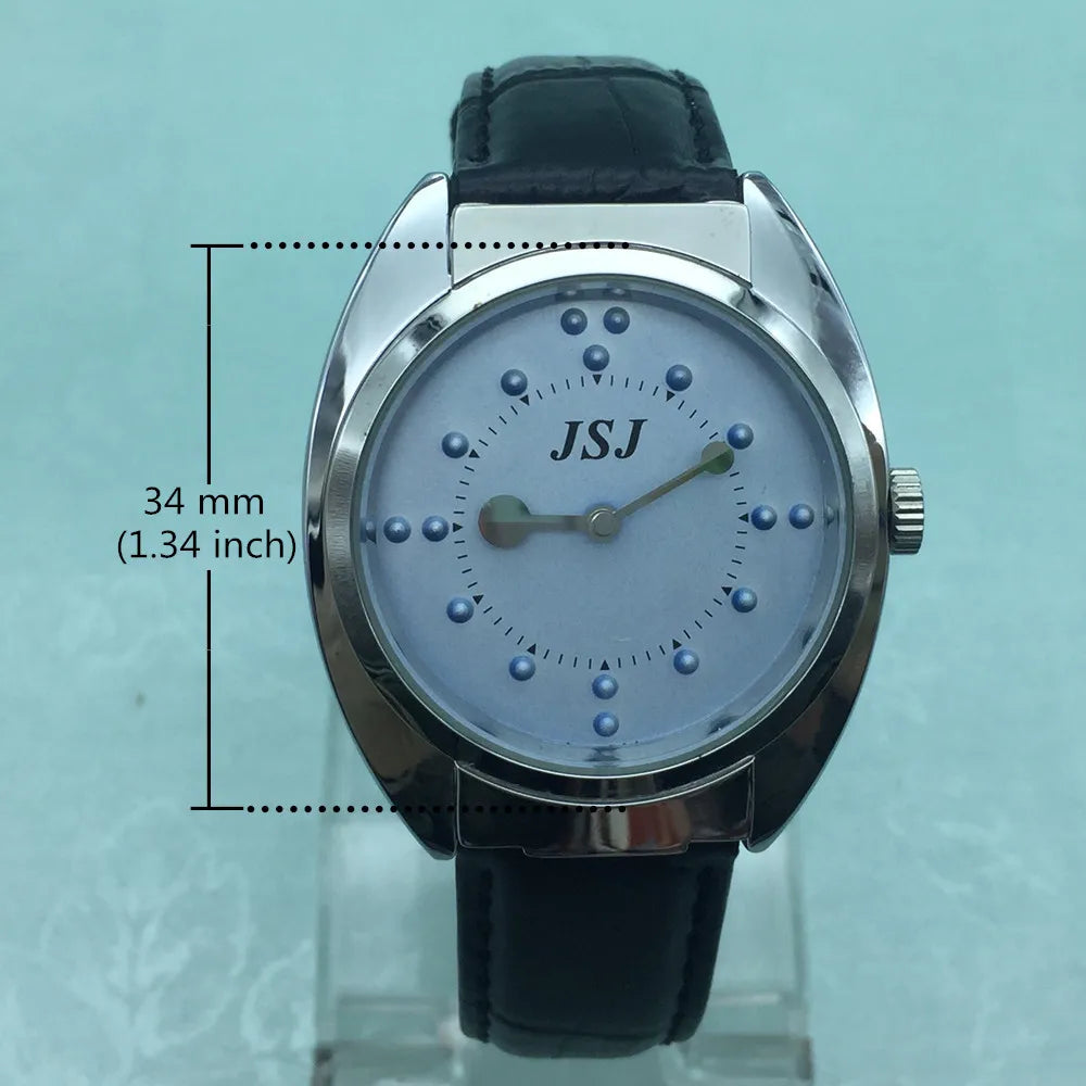 Braille Tactile Wrist Watch With Blue Face,Leather Strap
