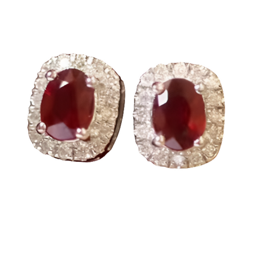 18k Natural Ruby Diamond Halo Stud Earrings
