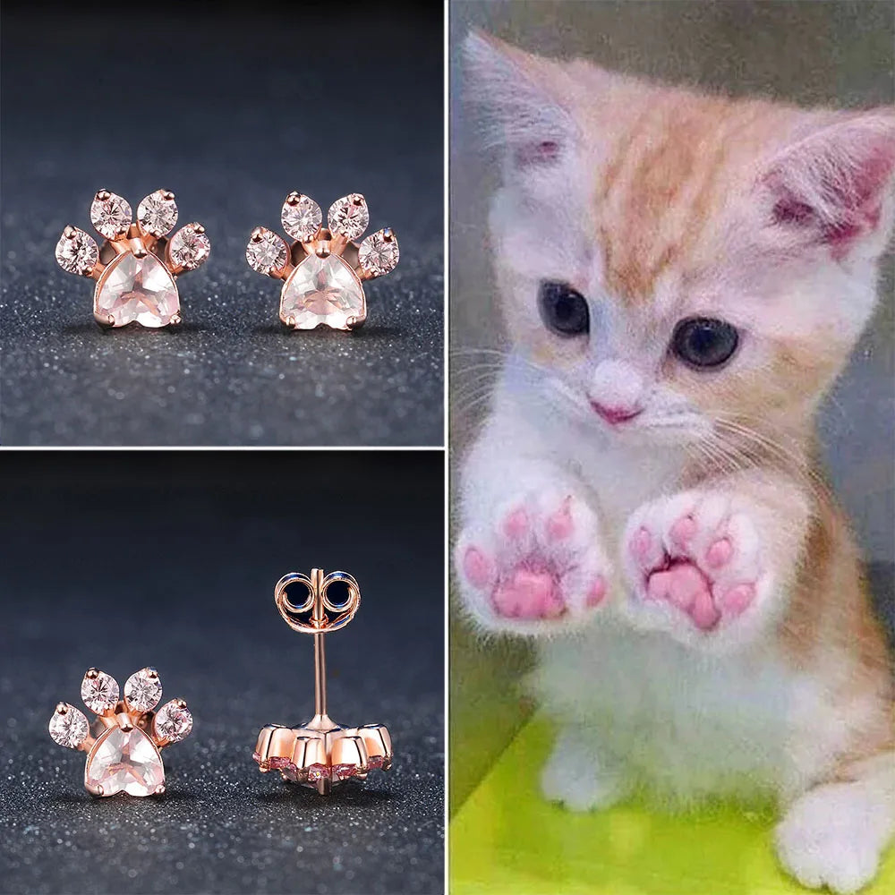 Cat Paw Sterling Silver Rose Quartz Stud Earrings