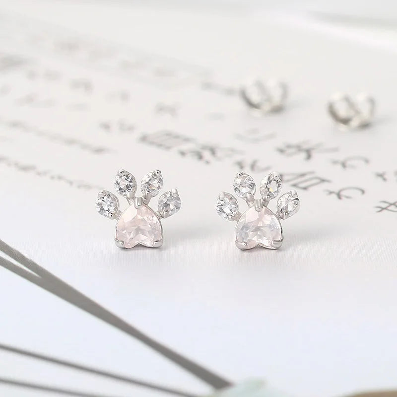 Cat Paw Sterling Silver Rose Quartz Stud Earrings