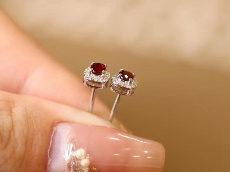 18k Natural Ruby Diamond Halo Stud Earrings