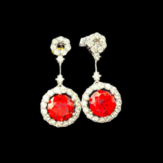 Ruby Red Crystal Drop Earrings with Rhinestone Halo