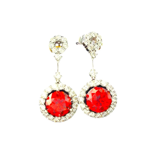Ruby Red Crystal Drop Earrings with Rhinestone Halo